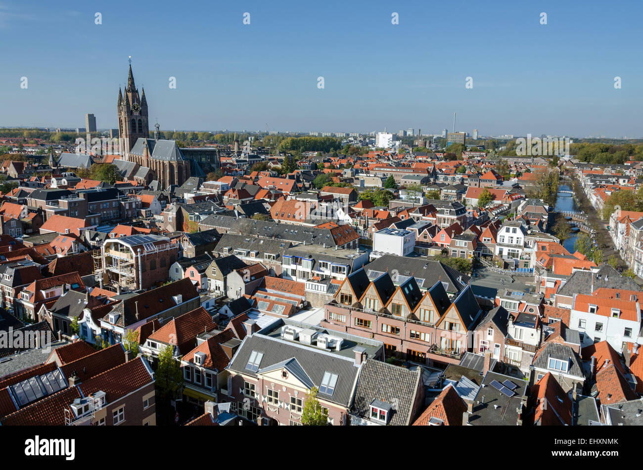 A view across the Dutch city of Delft from the Nieuwe Kerk tower. Stock Photo