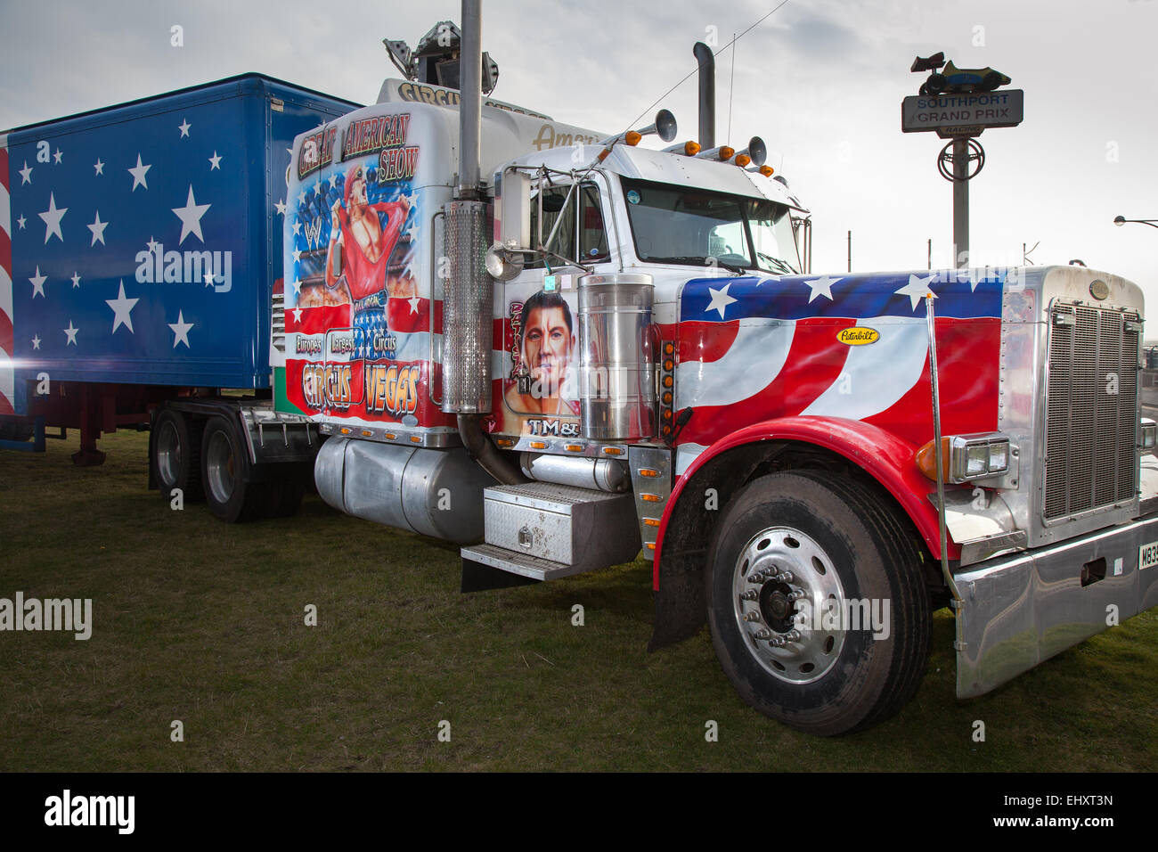 Uncle Sam's American Circus, Custom Painted truck and cab from  USA Peterbilt Trucks in Southport, Merseyside, UK March, 2015.    The all-human circus spectacular, owned by Show Directors John Courtney and Stephen Courtney trading as Circus Vegas has arrived in Southport. The travelling show produced by the famous Uncle Sam's Great American Circus tours for ten months a year.  It is an Irish organisation, a star-spangled selection of Americana. US, Kenworth heavy-duty vehicles and Peterbilt HGV art monster decorated trucks look the part when they roll into town, Stock Photo