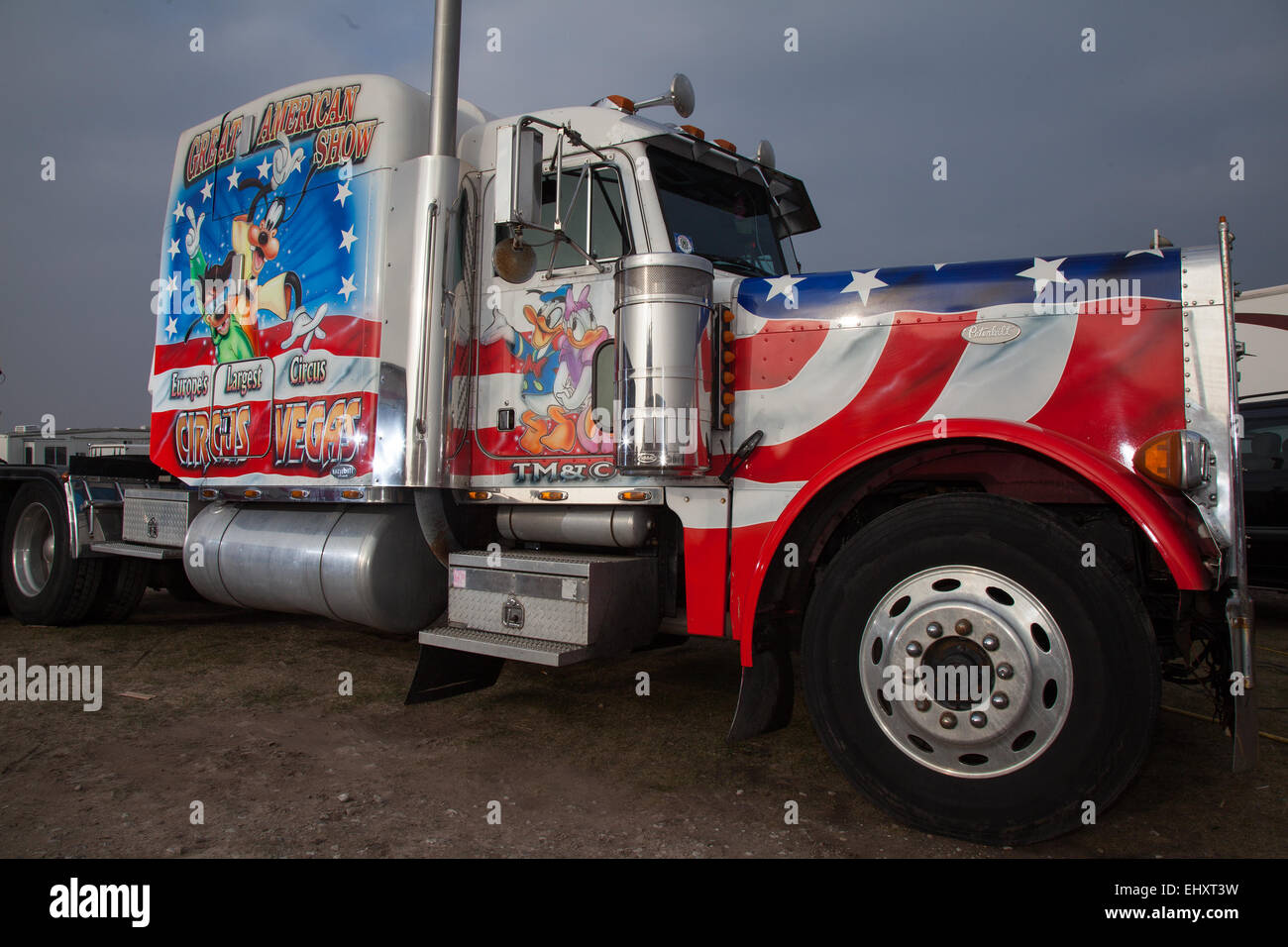 Uncle Sam's American Circus, Custom Painted truck and cab from  USA Peterbilt Trucks in Southport, Merseyside, UK March, 2015.    The all-human circus spectacular, owned by Show Directors John Courtney and Stephen Courtney trading as Circus Vegas has arrived in Southport. The travelling show produced by the famous Uncle Sam's Great American Circus tours for ten months a year.  It is an Irish organisation, a star-spangled selection of Americana. US, Kenworth heavy-duty vehicles and Peterbilt HGV art monster decorated trucks look the part when they roll into town, Stock Photo