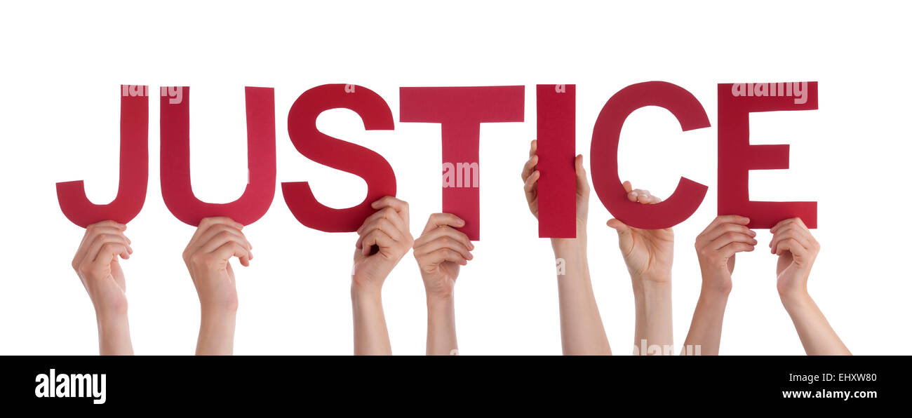 Many Caucasian People And Hands Holding Red Straight Letters Or Characters Building The Isolated English Word Justice On White B Stock Photo