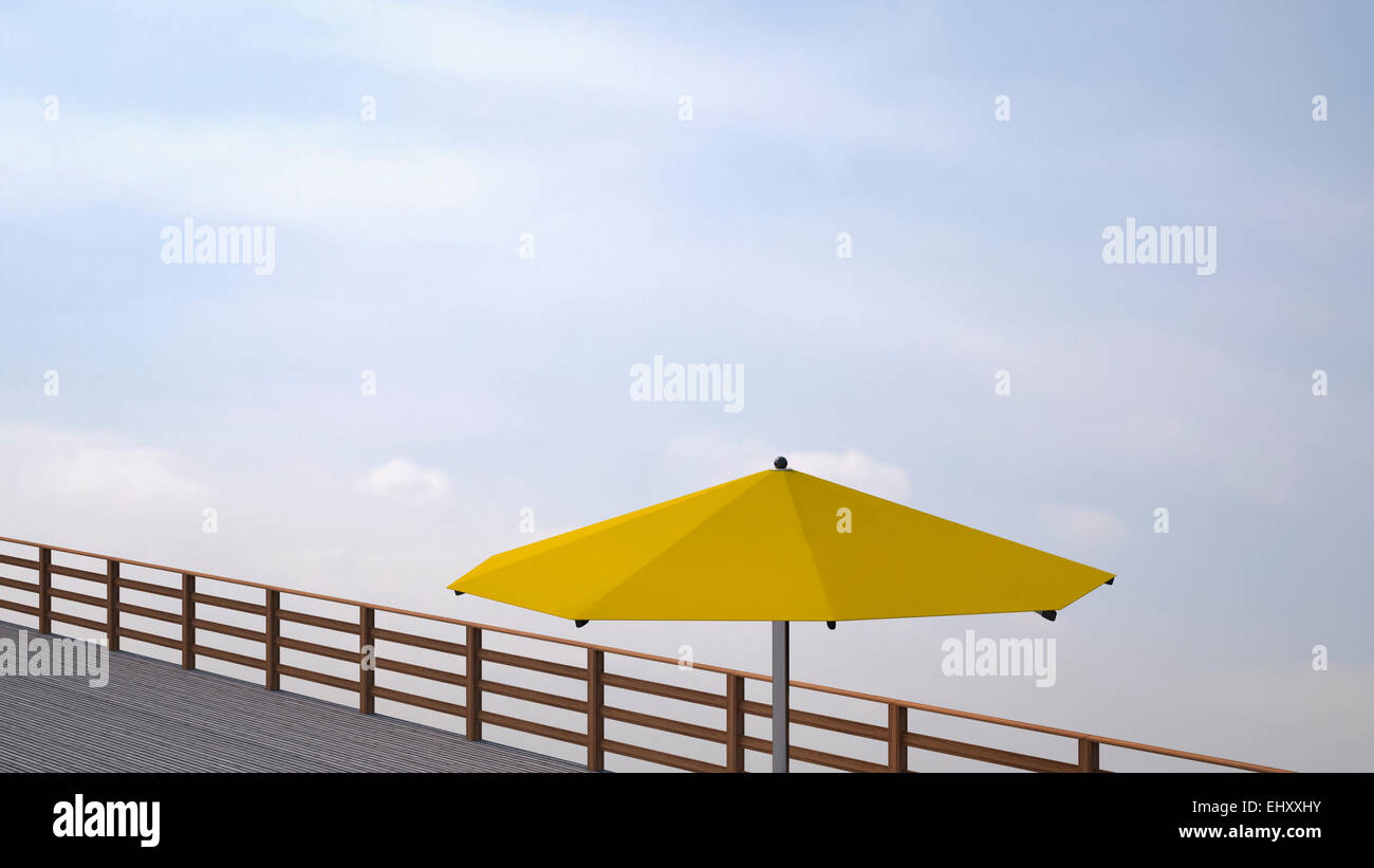 Yellow sunshade on wooden terrace in front of cloudy sky, 3D Rendering Stock Photo