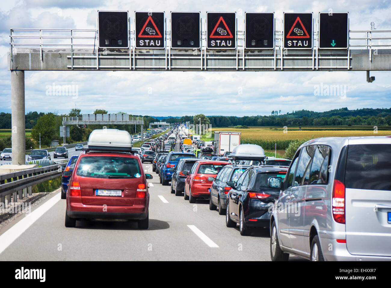Germany, Bavaria, Traffic jam on A9 highway between Munich and Nuremberg Stock Photo