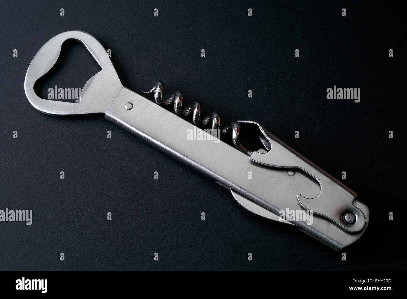 Steel corkscrew bottle and can opener Stock Photo