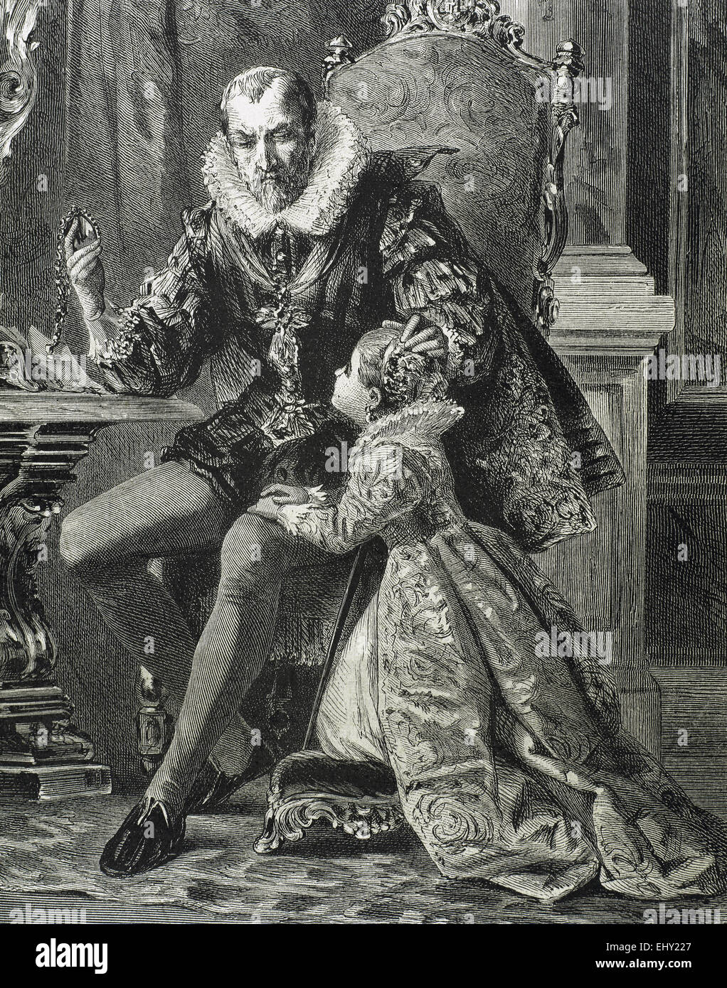 Philip II of Spain (1527-1598). House of Habsburg. King with his son. Engraving. 19th century. Stock Photo
