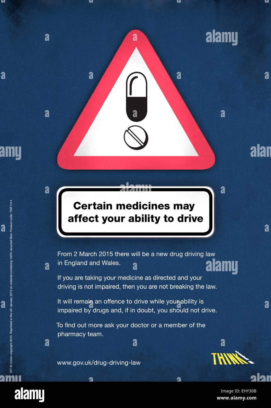 'Certain medicines may affect your ability to drive' Poster from United Kingdom's THINK! road safety campaign. See description for more information. Stock Photo
