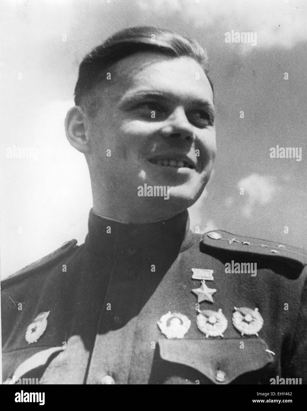 GRIGORIY  RECHKALOV  (1920-1990) Soviet fighter pilot ace. He wears his two   Hero of the Soviet Union medals awarded in May 1943 and July 1944. He was the second highest scoring Soviet pilot with 56 personal kills. Stock Photo