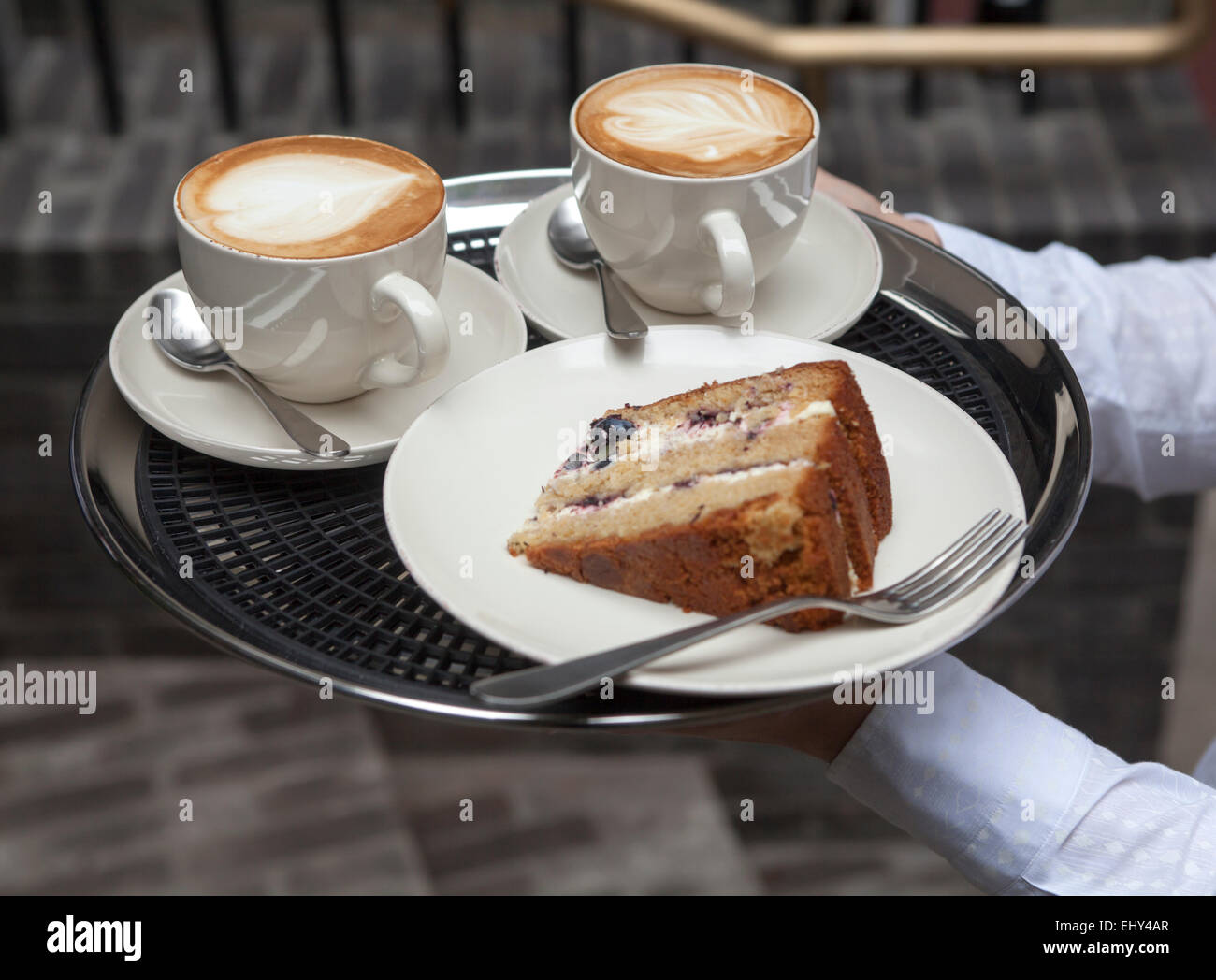 Coffee and Cake on Tray Stock Photo