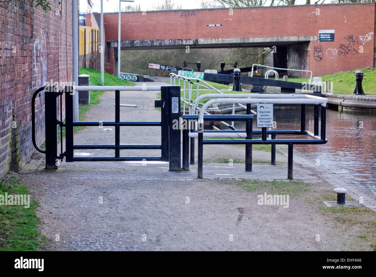 Canal with Barriers Restricting Vehicle Access & Key Radar Scheme to Allow Disabled Access, UK Stock Photo