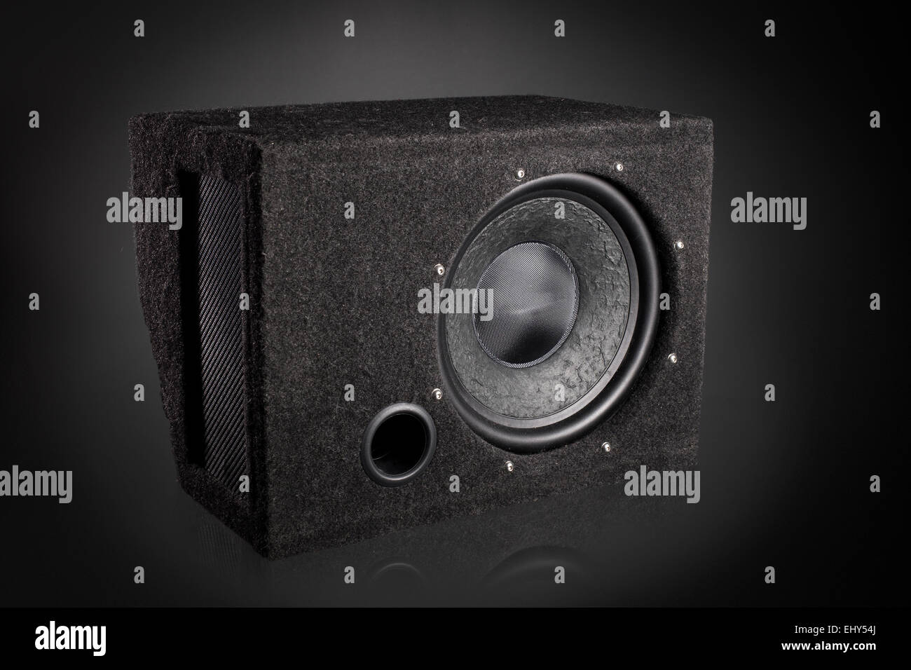 Black subwoofer speaker car audio music system Stock Photo