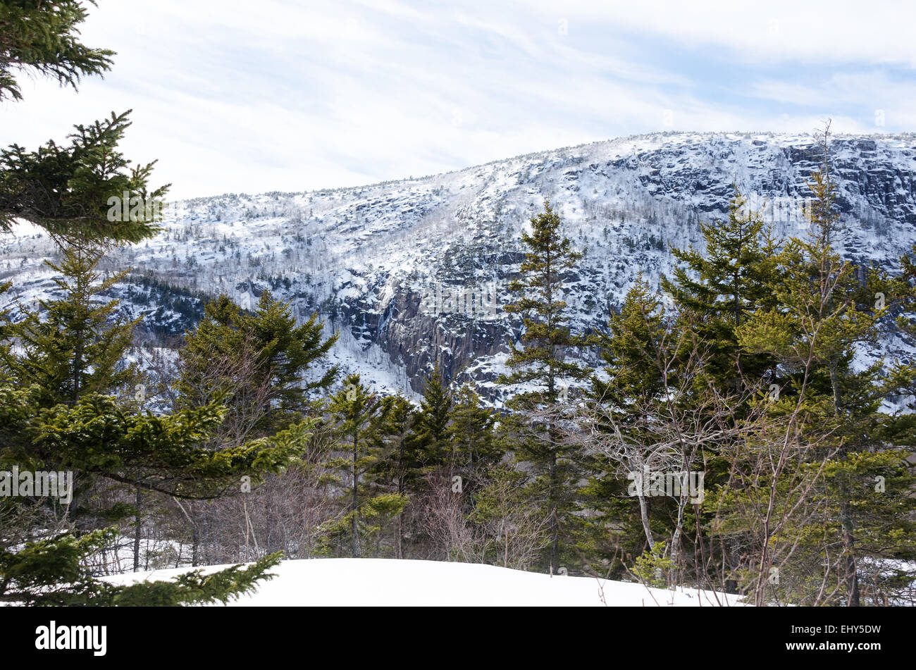 A winter view of snow-covered Champlain Mountain from the east, Acadia National Park, Bar Harbor, Maine Stock Photo