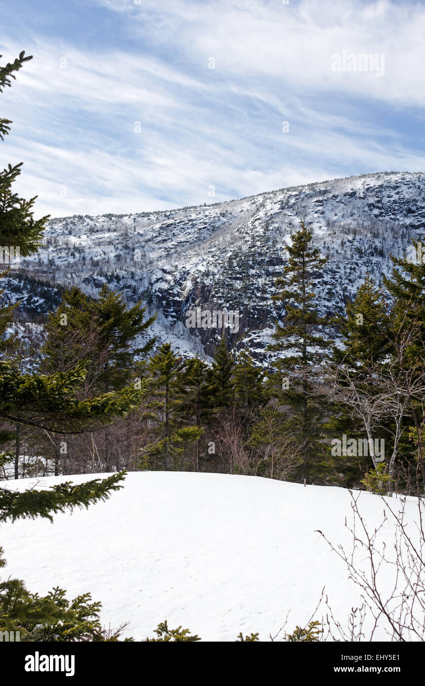 Snow-covered Champlain Mountain from the east, Acadia National Park, Bar Harbor, Maine Stock Photo