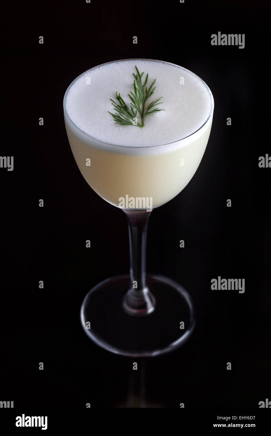 Dill Aquavit Dry Sherry, Citrus and Legbar Egg White Cocktail Stock Photo