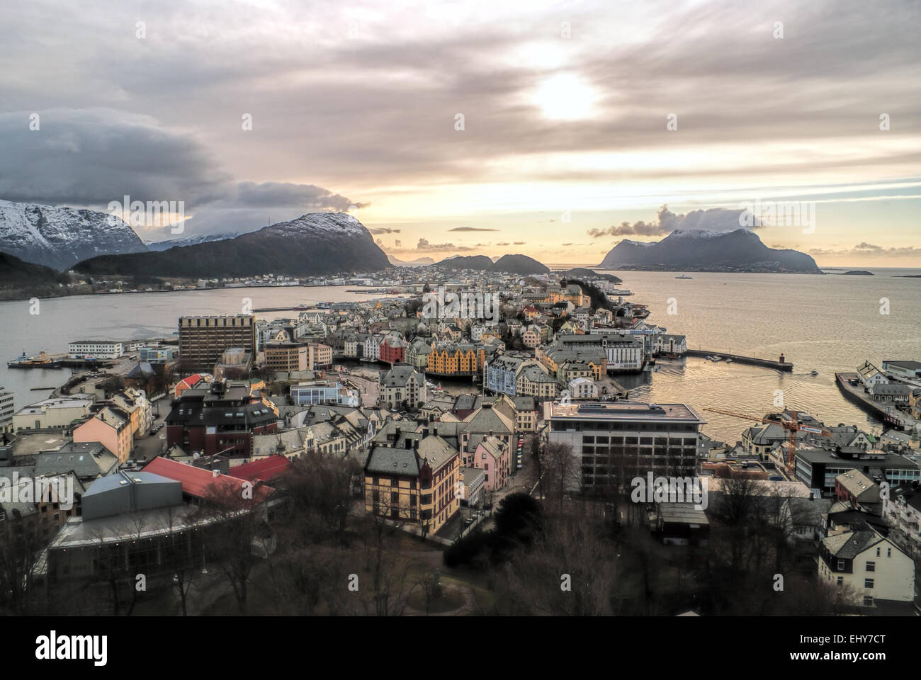 Breathtaking view of the Norwegian city of Alesund at sunset Stock Photo