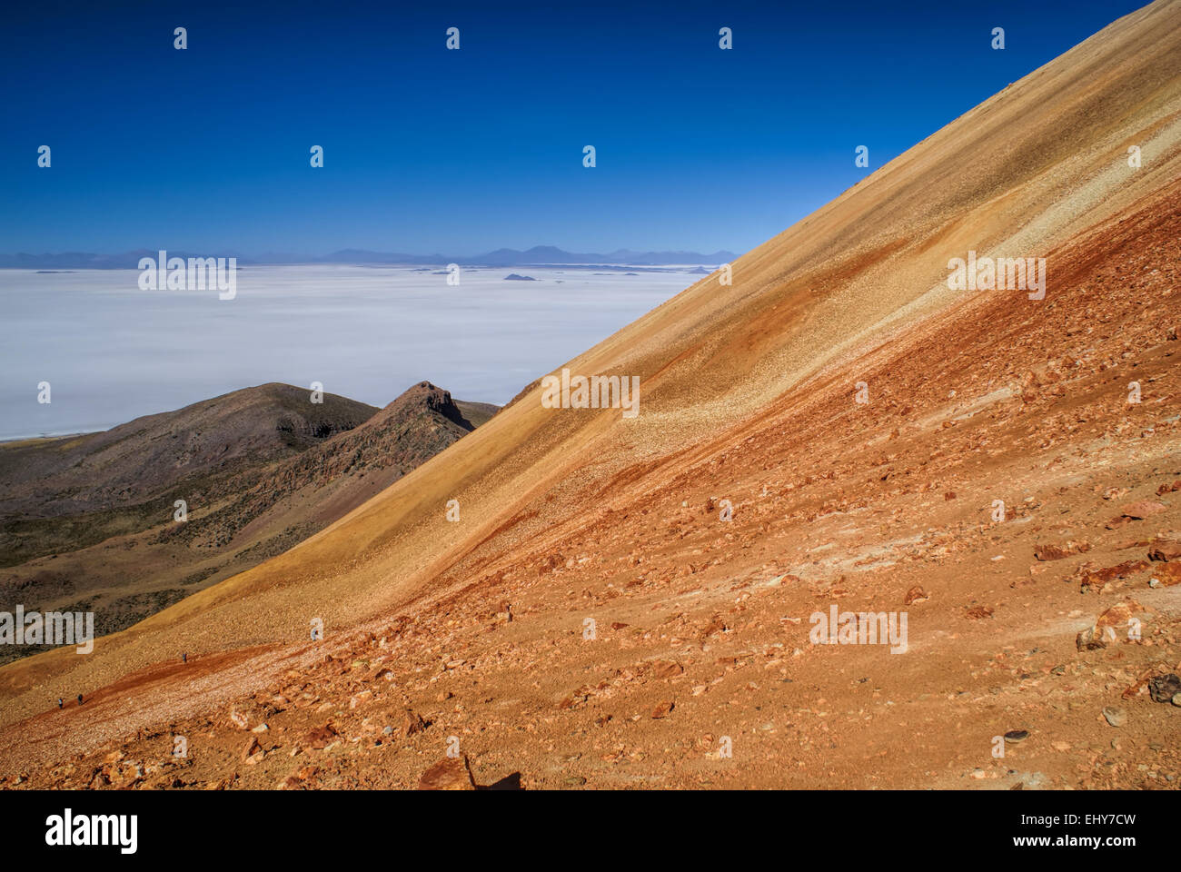 Picturesque view of vast white salt plane Salar de Uyuni from colored mountains Stock Photo