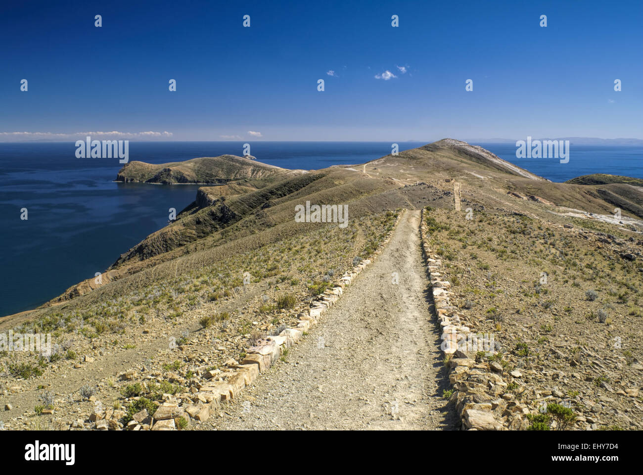 Scenic path on the coast of Isla del Sol, island on lake Titicaca in Bolivia Stock Photo