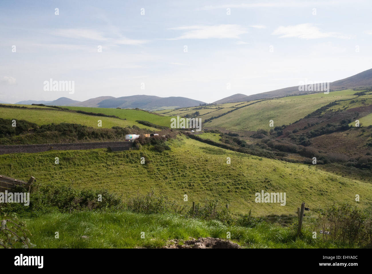 A scenic valley and green hills, the outdoor rural landscape of Ireland. Stock Photo