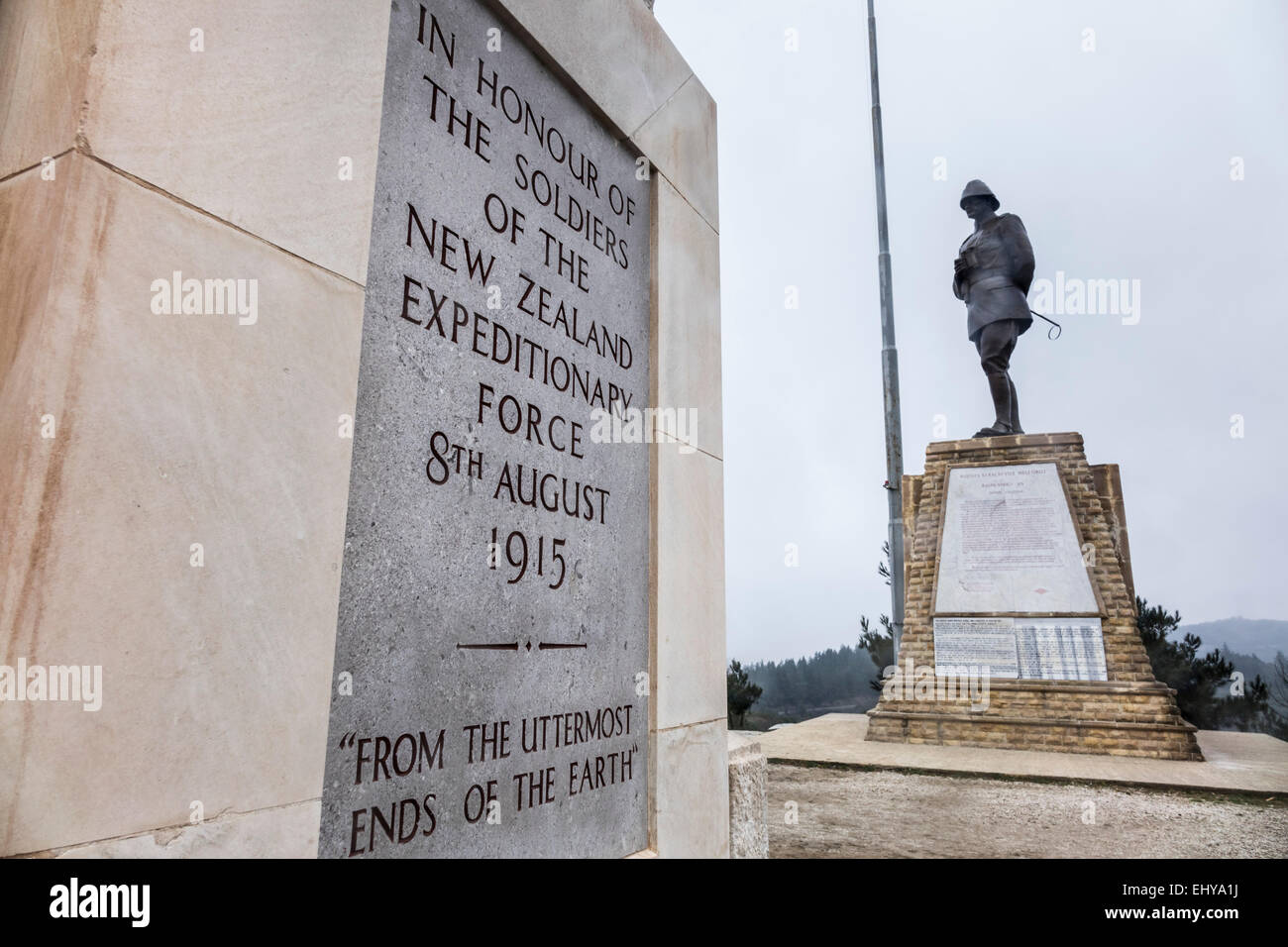 Gallipoli, Turkey, WW1 Centenary 2015 - statue of Mustapha Kemal Ataturk, with inscription on plinth of memorial to Anzac fighte Stock Photo
