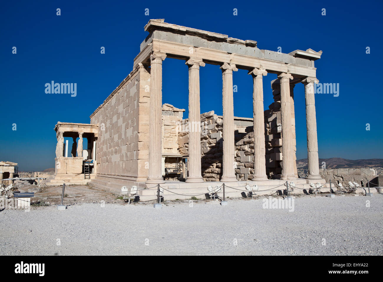 The Erechtheion ancient Greek temple on the north side of the Acropolis of Athens in Greece. Stock Photo