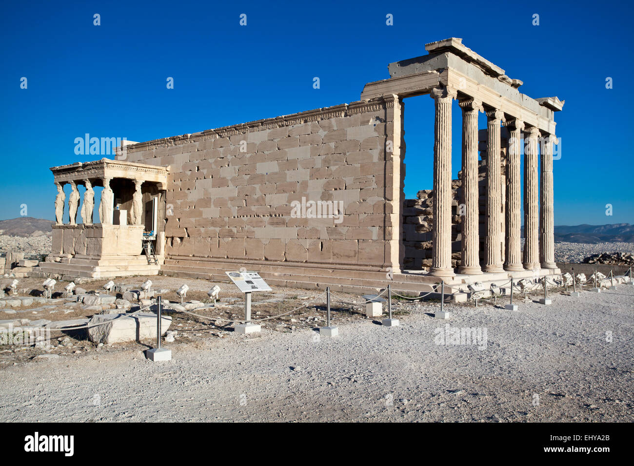 The Erechtheion ancient Greek temple on the north side of the Acropolis of Athens in Greece. Stock Photo