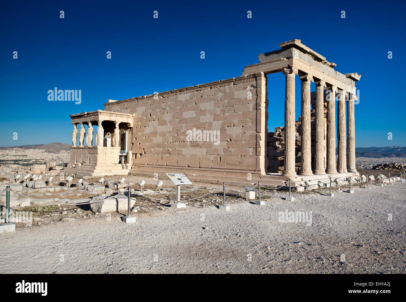 The Erechtheion ancient Greek temple on the north side of the Acropolis of Athens in Greece. Stock Photo