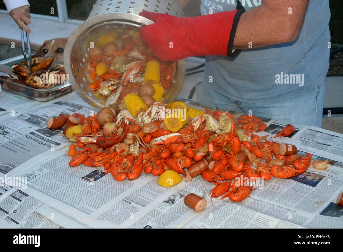 a seafood feast, mud bug boil, life in America Stock Photo