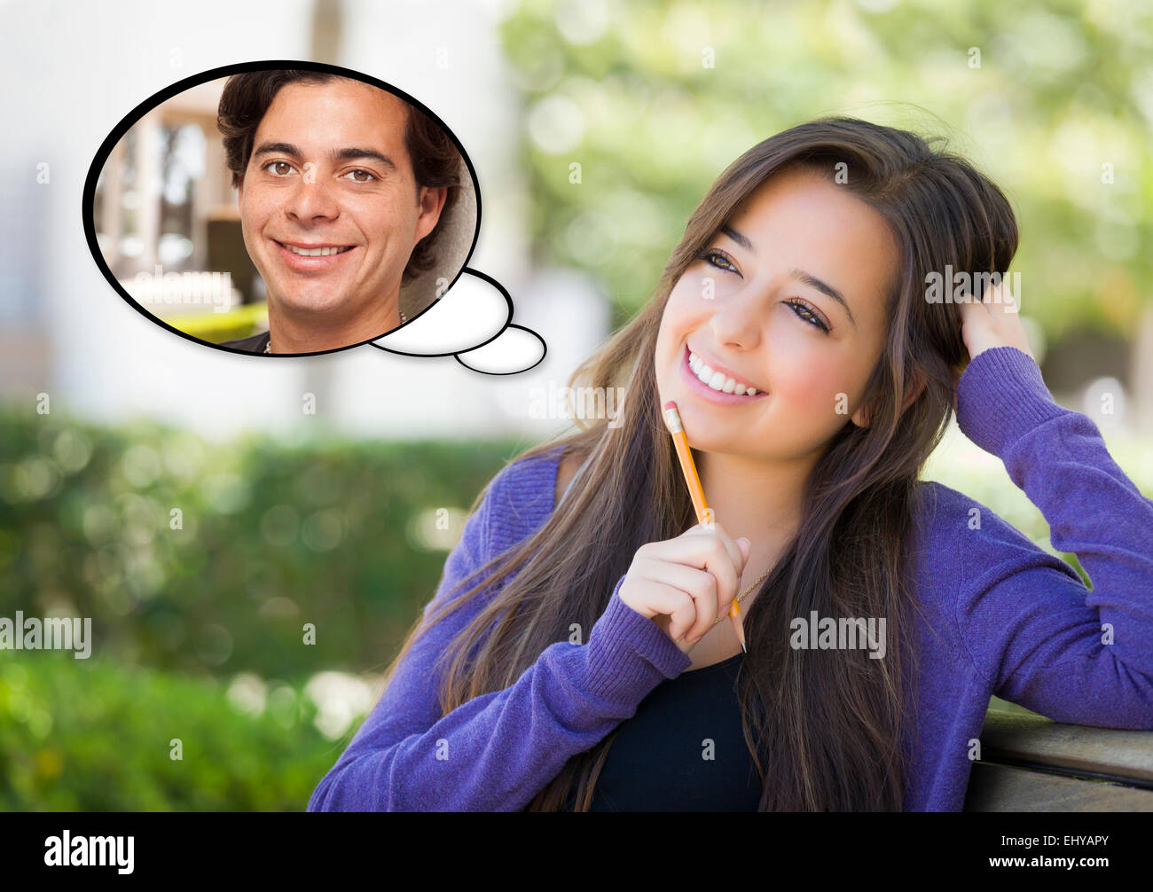 Pensive Woman with Handsome Young Man Inside Thought Bubble. Stock Photo