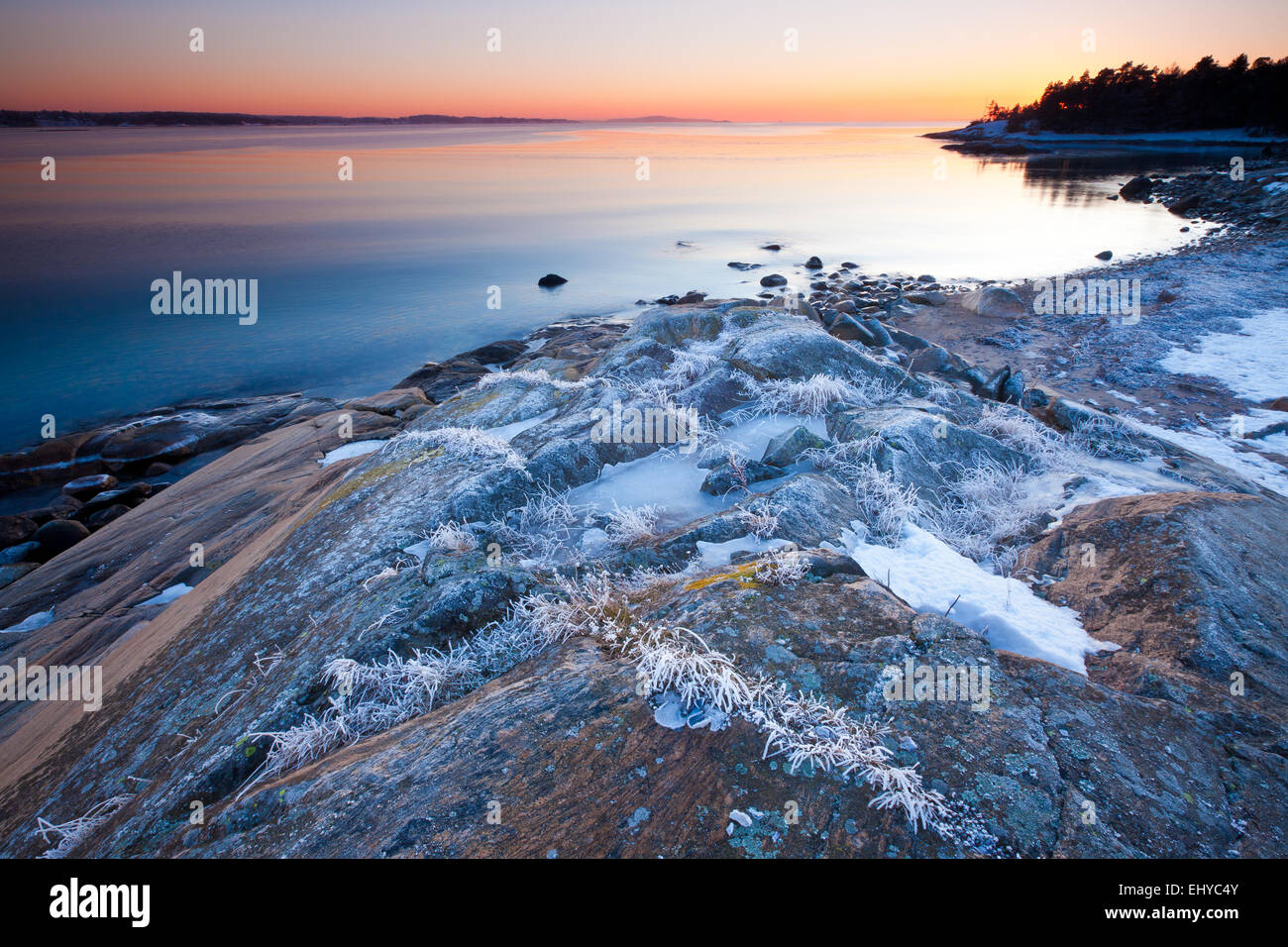 Winter evening by the Oslofjord at Oven in Råde kommune, Oslofjorden, Østfold fylke, Norway. Stock Photo