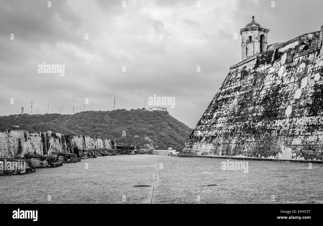 Monochrome photo of San Felipe fortress, Cartagena de Indias, Colombia. Stock Photo