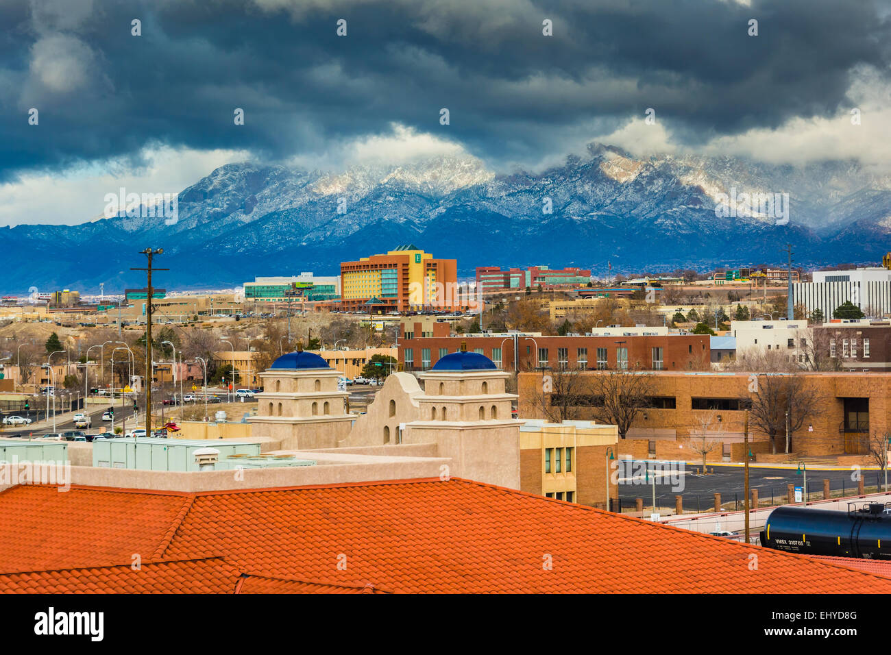 View of distant mountains and buildings in Albuquerque, New Mexico