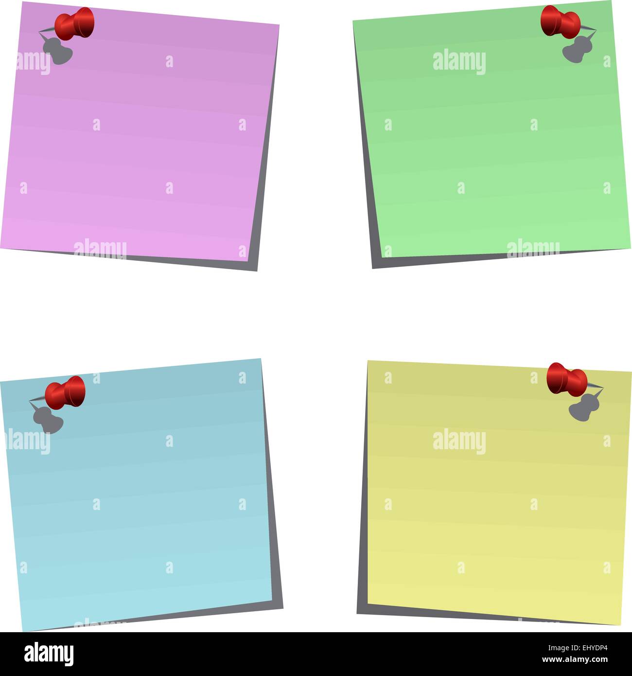 Set of blank post-it notes with push pins, vector illustration Stock Vector