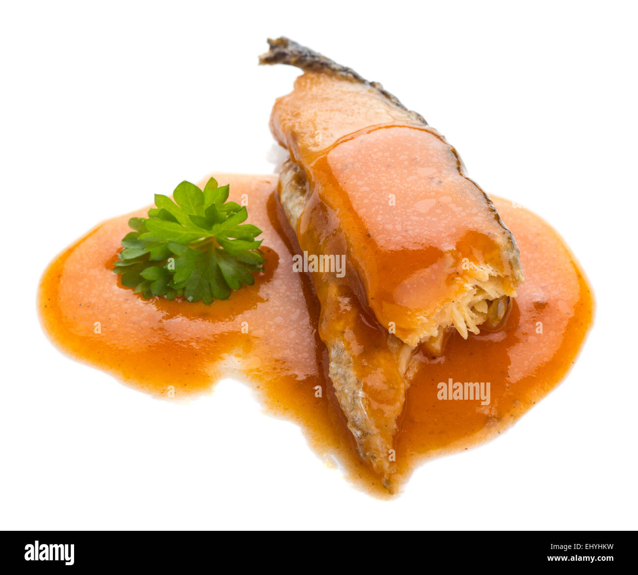 Canned salmon with tomato sauce isolated over white background Stock