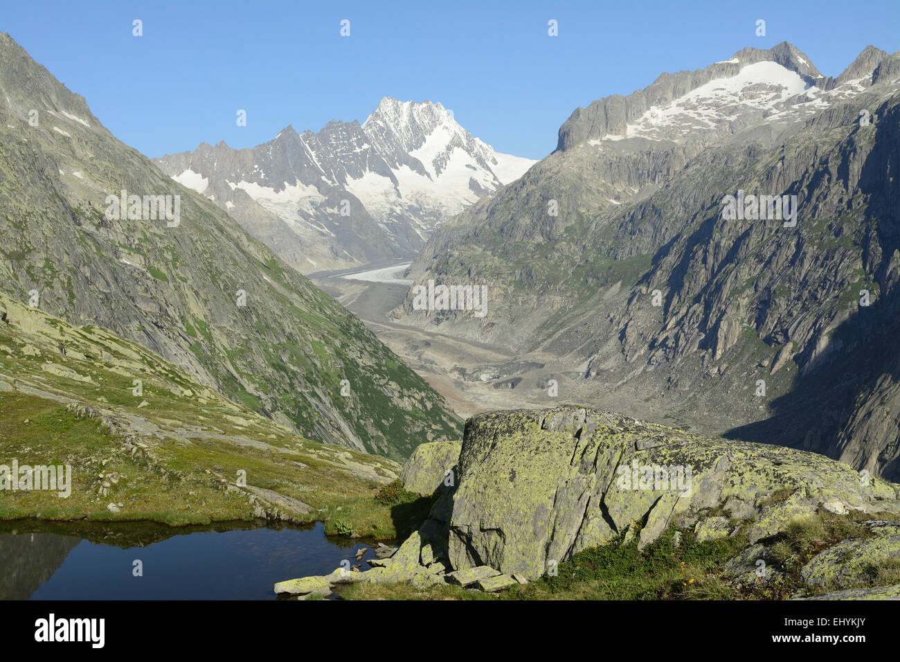 Alps, mountains, Grimsel, glacier, snow, pond, Lauteraarhorn, Ewigschneehorn, Lauteraargletscher, Bernese Oberland, Canton Berne, Stock Photo