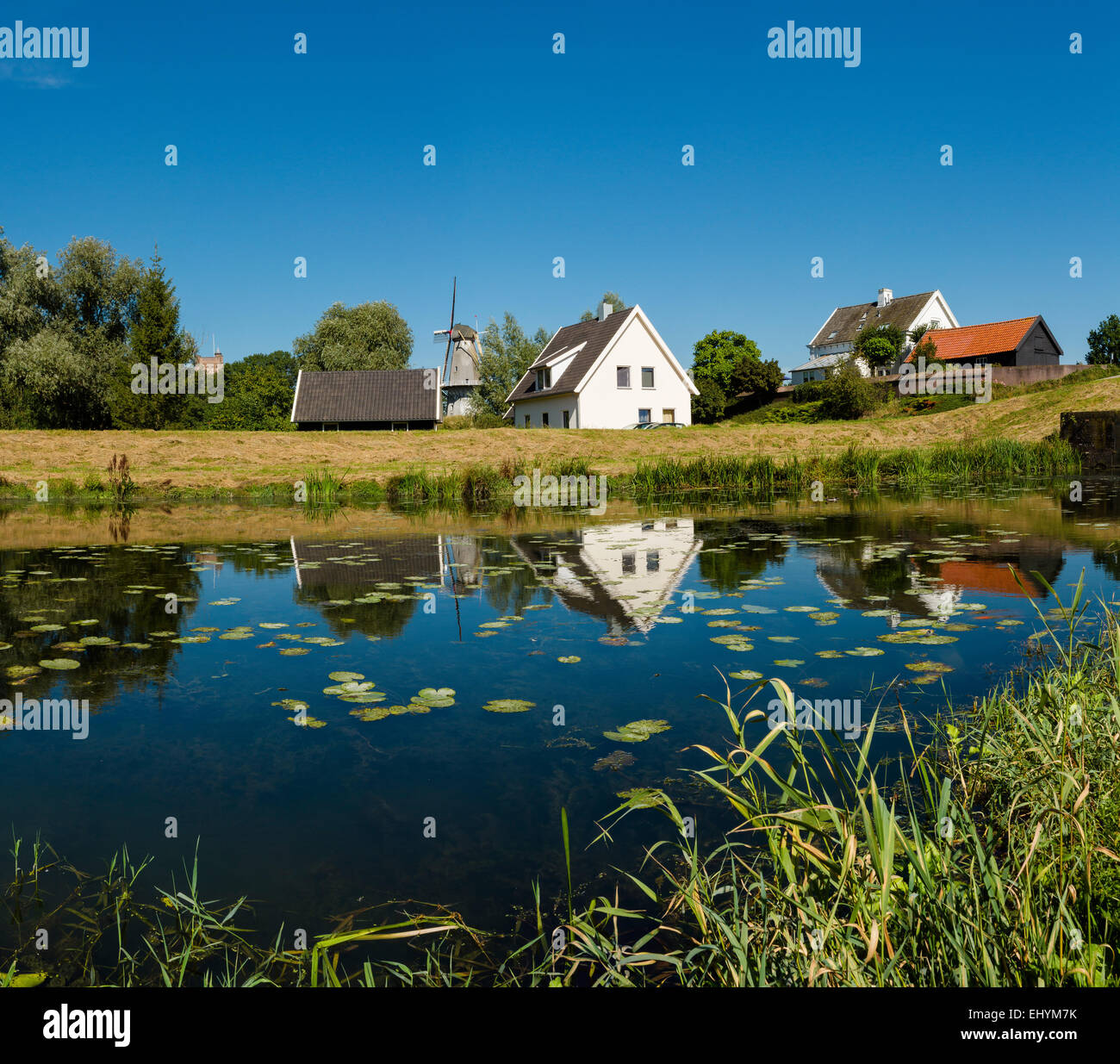 Netherlands, Holland, Europe, Woudrichem, Tower windmill, windmill, city, village, water, summer, Stock Photo