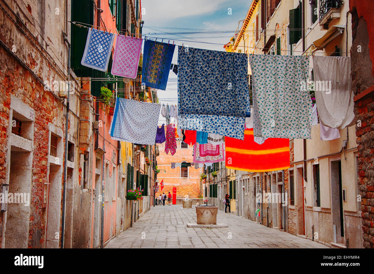 Washing hanging across street, Venice, Italy Stock Photo