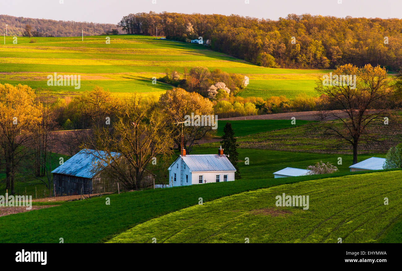 Home and barn on the farm fields and rolling hills of Southern York