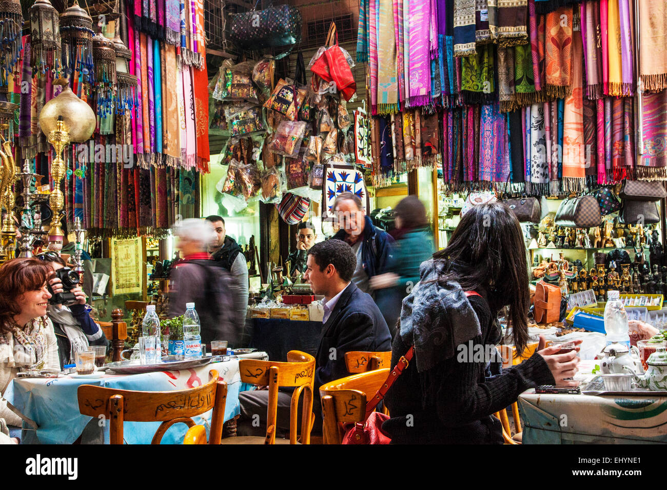 A busy cafe scene in the Khan el-Khalili souk in Cairo. Stock Photo