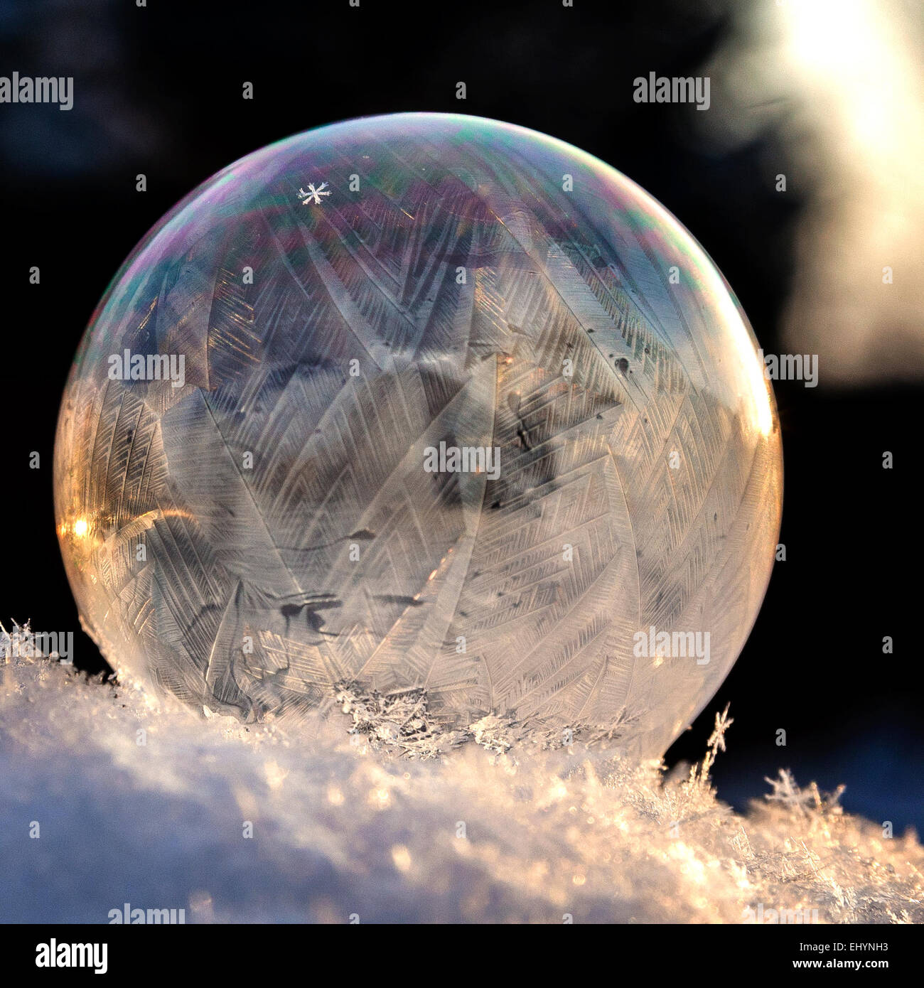 A frozen snowflake in a soap bubble Stock Photo