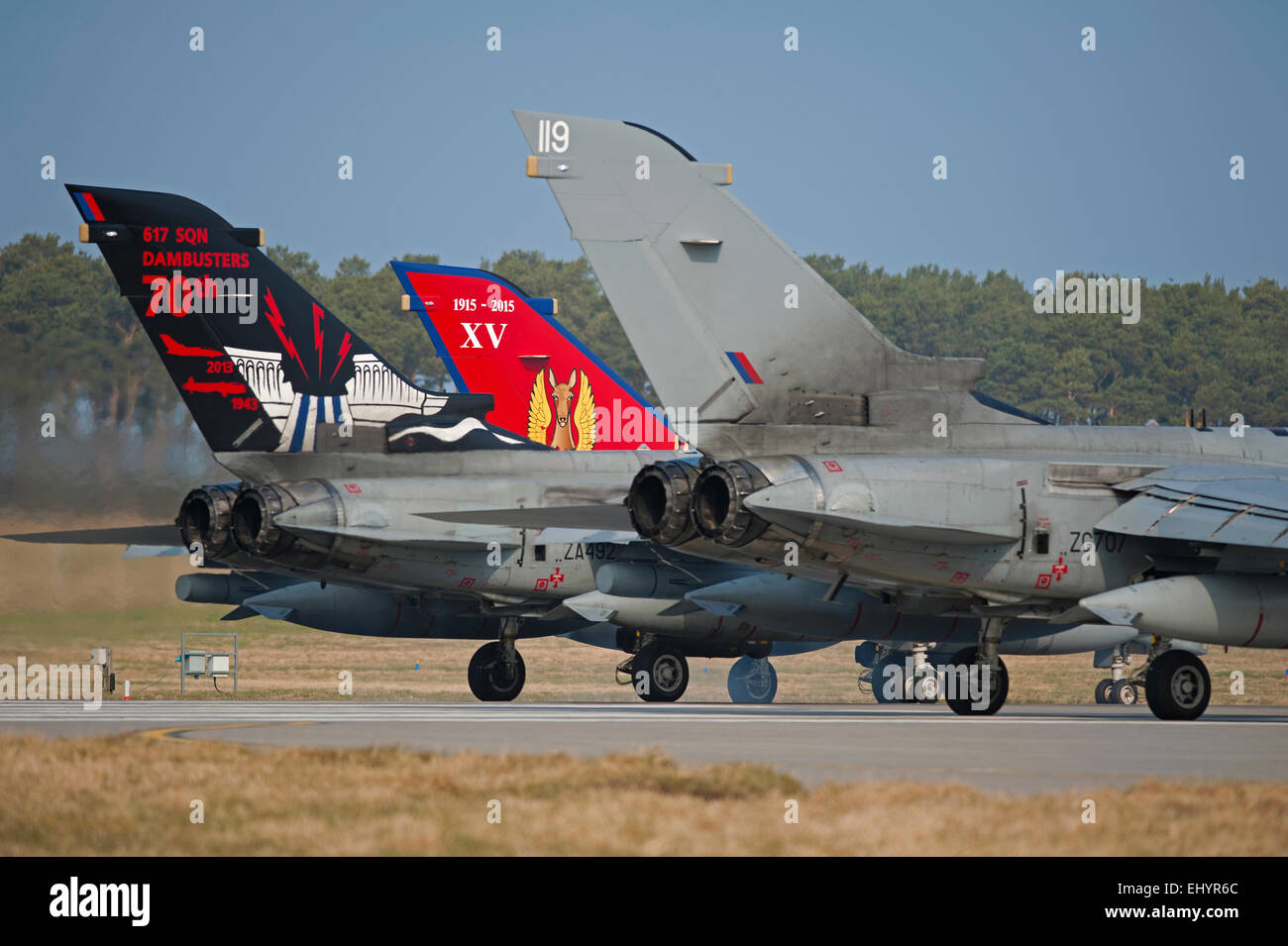 RAF Lossiemouth GR4 Tornados line up ready for departure to the North Sea sortie.  SCO 9657. Stock Photo