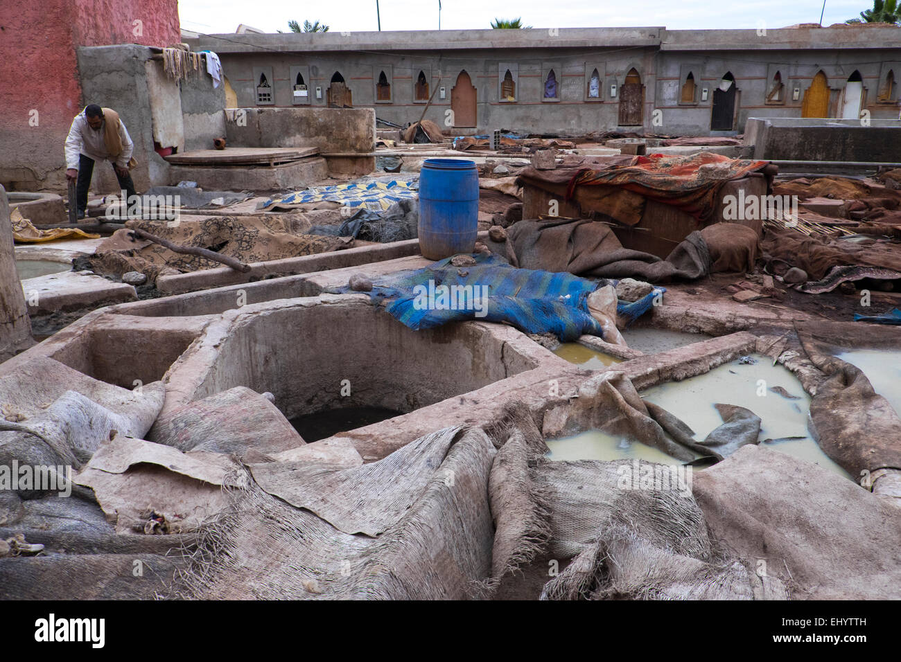 Tanneries (Tannery), outdoor tanning vats, Medina (Old Town), Marrakesh, Marrakech, Morocco, North Africa Stock Photo