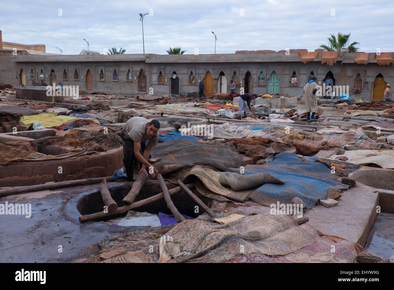Tanneries (Tannery), outdoor tanning vats, Medina (Old Town), Marrakesh, Marrakech, Morocco, North Africa Stock Photo