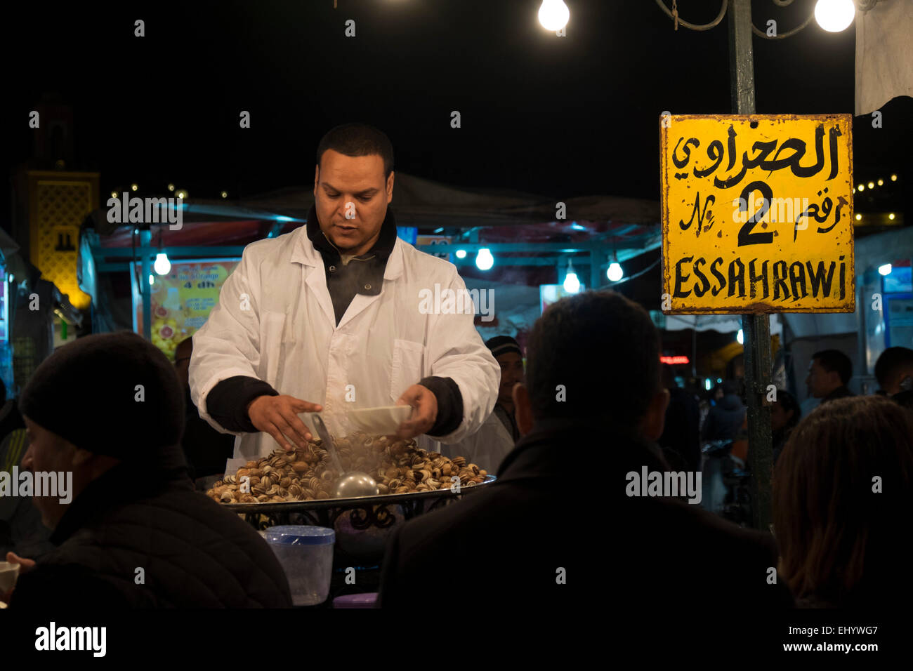 Food stall selling snails, Djemma el-Fna, Medina, old town, Marrakesh, Marrakech, Morocco, North Africa Stock Photo
