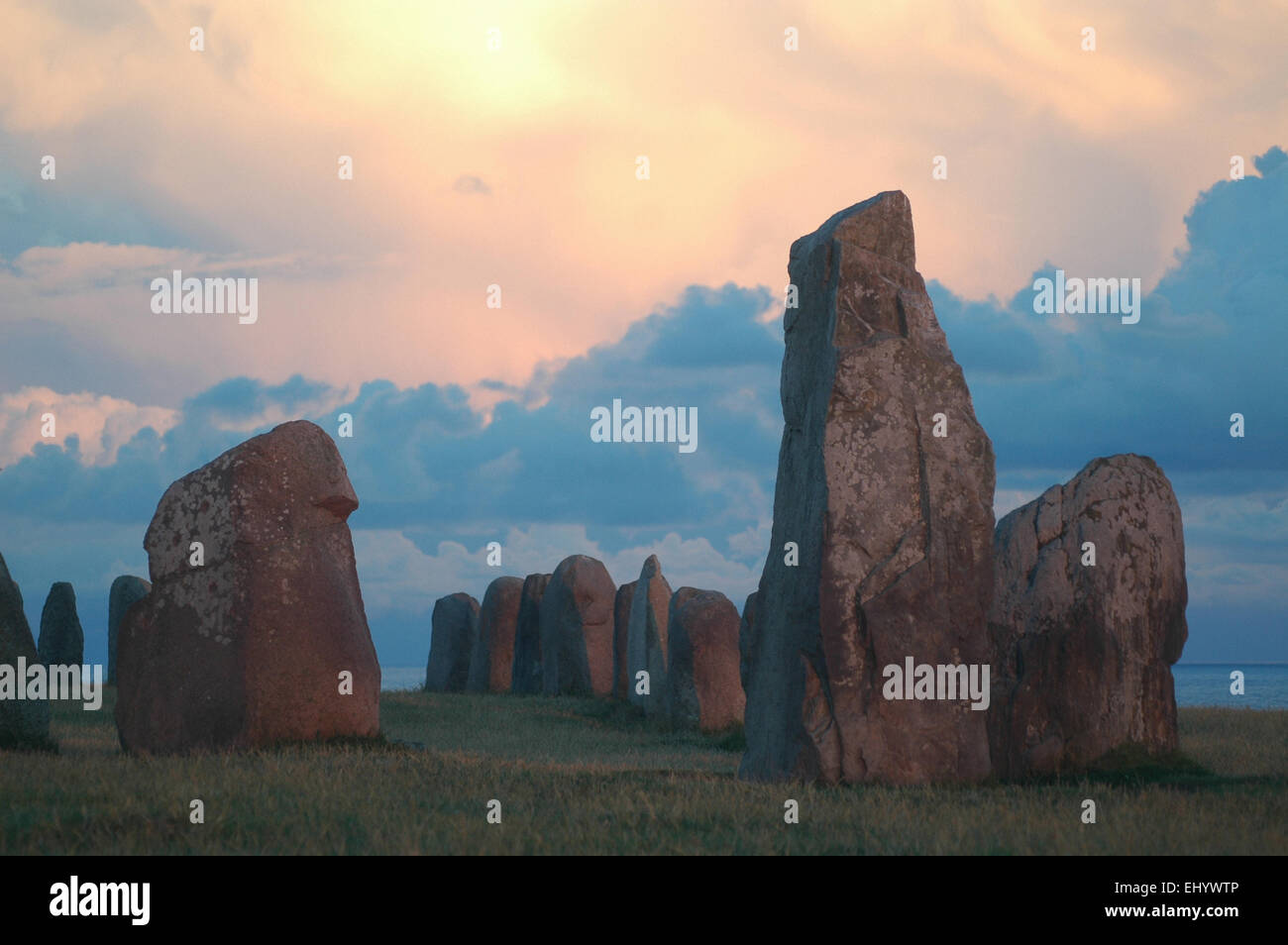 Sweden, Europe, south coast, ales stenar, megaliths, boat grave, ship burial, Skane, Ystad, kaseberga, ship setting, stone ship, Stock Photo