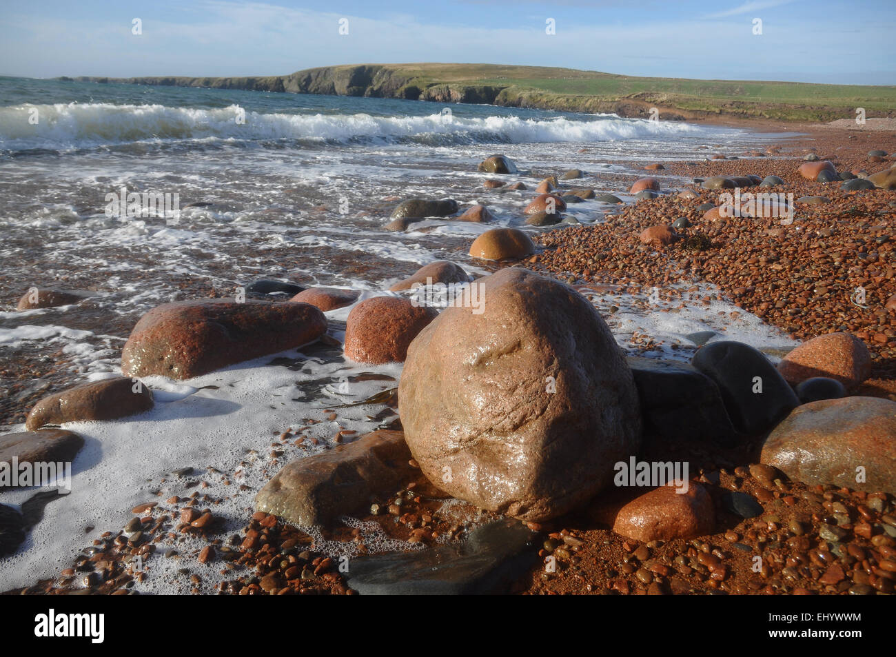 Scotland, Shetland islands, braewick, mainland, west coast, Atlantic, beach, seashore, stones, sea, Great Britain, Europe, Stock Photo