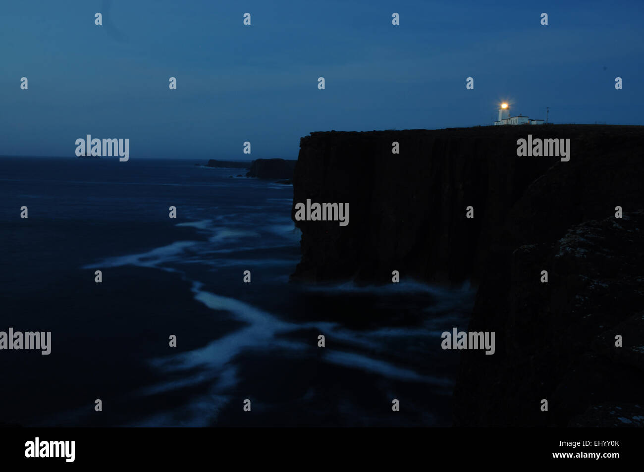 Scotland, Shetland islands, eshaness, mainland, west coast, Atlantic, waves, sea, Great Britain, Europe, lighthouse, at night Stock Photo
