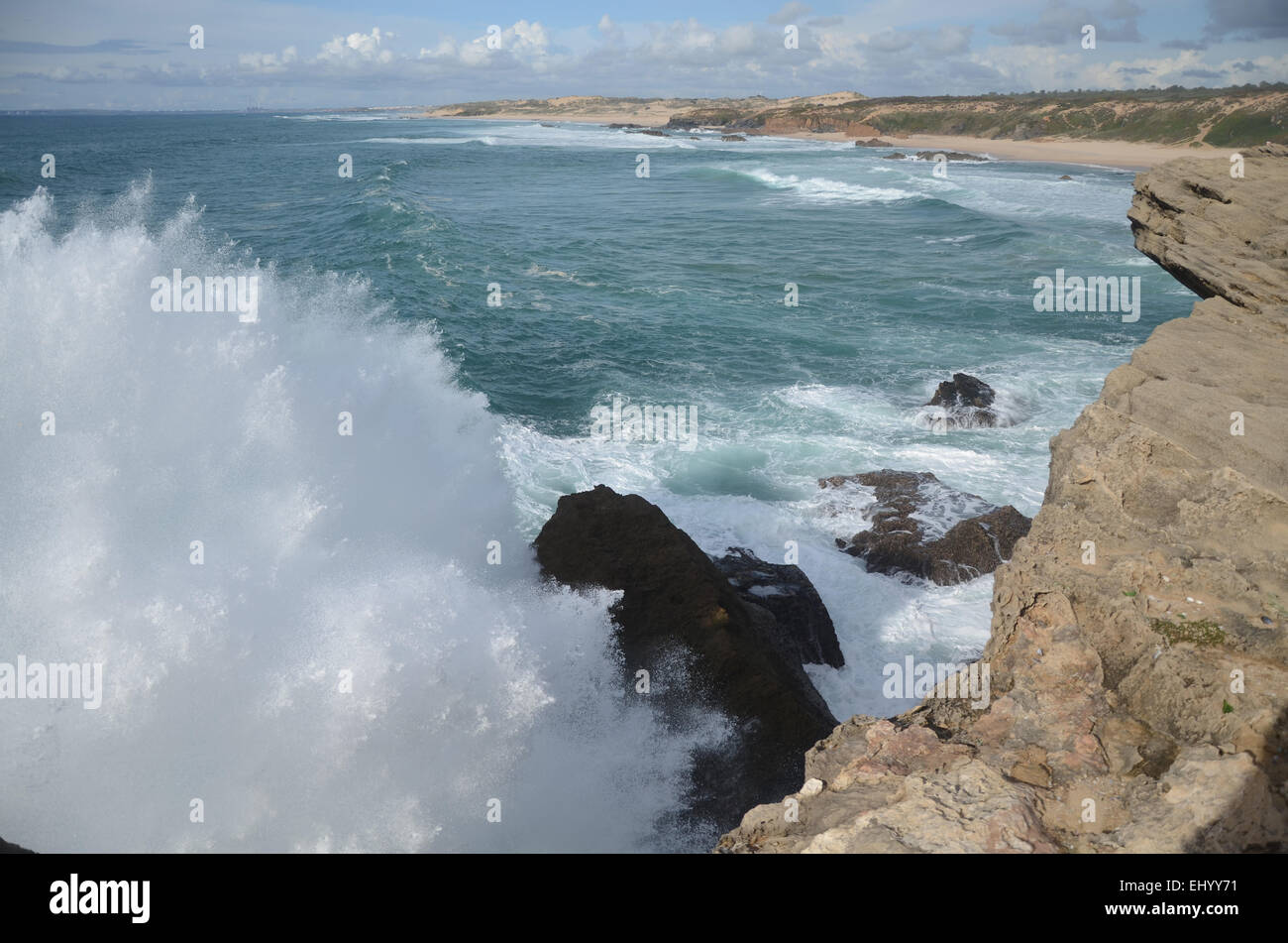 Portugal, Europe, coast, west coast, sea, waves, alentejo, malhaoinhas, milfontes, cliffs, gischt Stock Photo