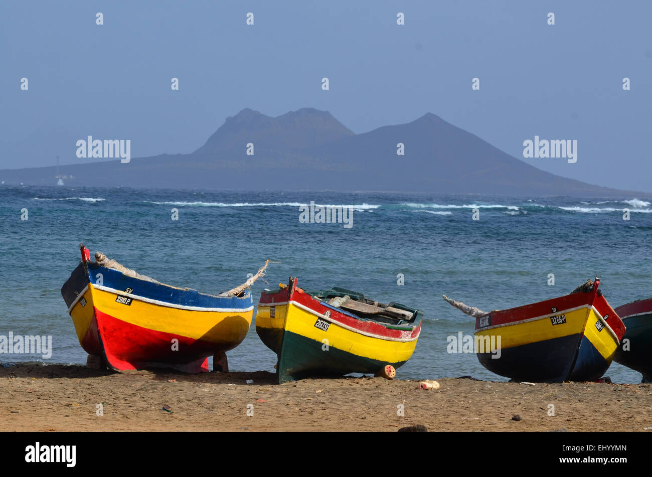 Cape Verde, Cape Verde Islands, sao vicente, coast, beach, seashore, sand beach, boots up, fishing boats, oar boats, baia gatas Stock Photo