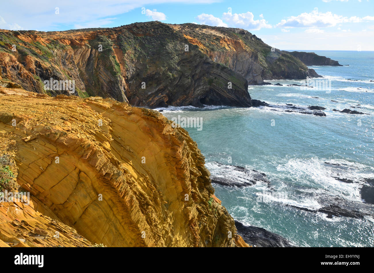 Portugal, Europe, Atlantic, coast, zambujeira, odemira, alentejo, cliffs, red, sea, waves, bay, tectonic, fold Stock Photo
