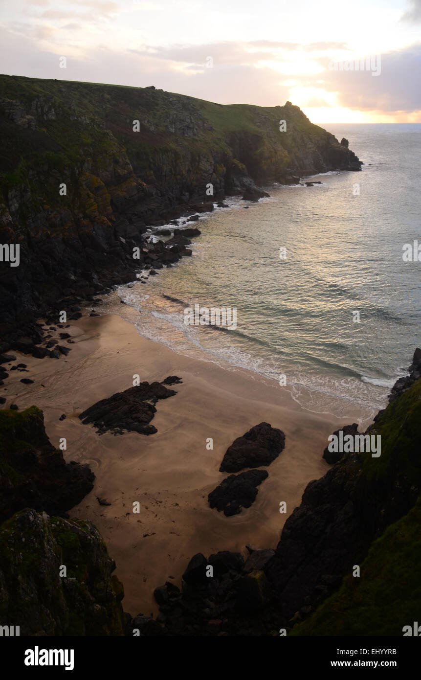England, Cornwall, lizard point, sand beach, sand, beach, seashore, coast, cliffs, bay, clouds, Great Britain, Europe, sunrise Stock Photo