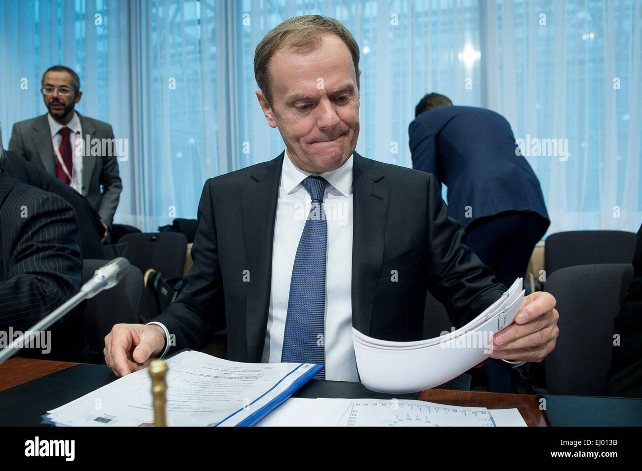 Brussels, Belgium. 19th March, 2015. Donald Tusk, the president of the European Council at the start of a Tripartite Social Summit ahead of the EU Summit in Brussels, Belgium on 19.03.2015. Credit:  ZUMA Press, Inc./Alamy Live News Stock Photo