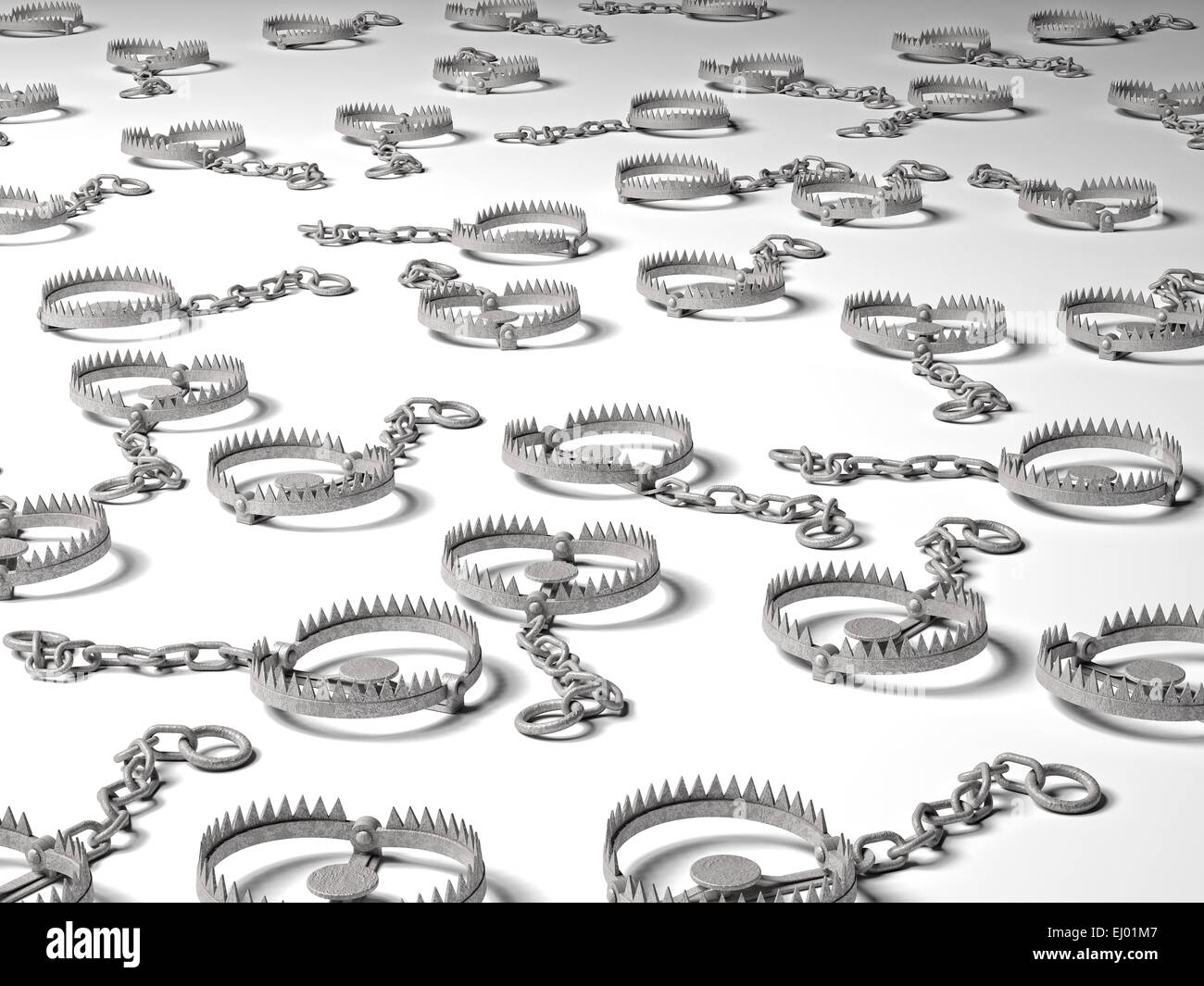 A metal animal trap that is open attached to the ground with a metal chain  on an isolated background Stock Photo - Alamy